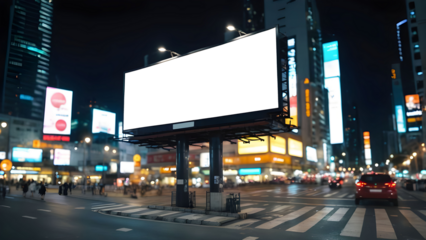 Blank horizontal space billboard, blank white signboard on roadside in city, horizontal isolated billboard in city at night time, white signboard or light box on roadside for advertising placement