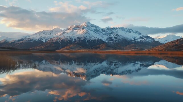 The image is of a beautiful mountain landscape with a crystal clear lake reflecting the snow-capped peaks.
