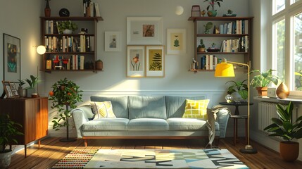 A modern living room with wooden floors, white walls and a light blue sofa in front of the wall. Two tall shelves on each side with books and decorations, a yellow floor lamp near the window, a
