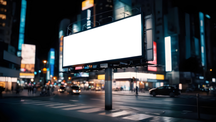 Blank horizontal space billboard, blank white signboard on roadside in city, horizontal isolated billboard in city at night time, white signboard or light box on roadside for advertising placement