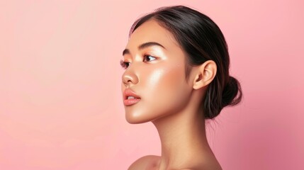 A stunning young Thai woman with smooth, luminous skin, standing against a pastel-colored backdrop, her face glowing with health and vitality.