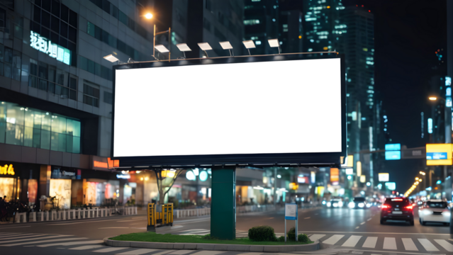 Blank horizontal space billboard, blank white signboard on roadside in city, horizontal isolated billboard in city at night time, white signboard or light box on roadside for advertising placement