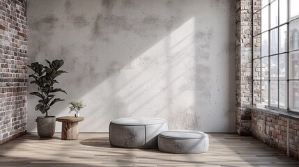A white wall in an industrial loft interior with minimal furniture, including a grey ottoman and coffee table. A window on the right side of the room shows sunlight streaming through large windows