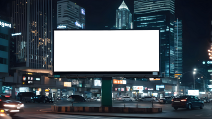 Blank horizontal space billboard, blank white signboard on roadside in city, horizontal isolated billboard in city at night time, white signboard or light box on roadside for advertising placement