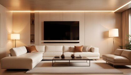 High end modern living room with white leather couch and a large flat screen tv mounted on the wall, brutalist architecture mixed with modern futuristic minimal design