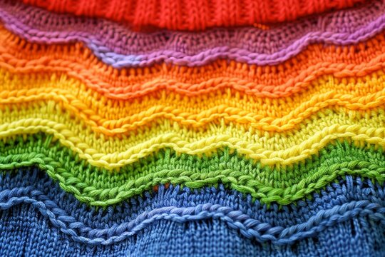 In depth look at a homemade knit sweater showcasing an array of vibrant rainbow colors
