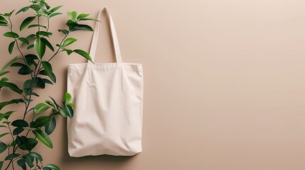 Photo of a blank tote bag mockup hanging on a beige background, with a green plant next to it for decoration and texture. The tote is made from natural cotton canvas fabric, featuring long