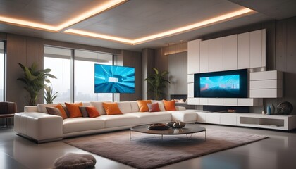 Fototapeta premium High end modern living room with white leather couch and a large flat screen tv mounted on the wall, brutalist architecture mixed with modern futuristic minimal design