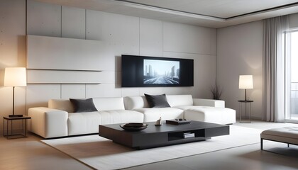 High end modern living room with white leather couch and a large flat screen tv mounted on the wall, brutalist architecture mixed with modern futuristic minimal design