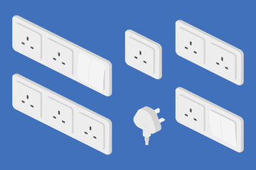 isometric power outlet socket plug switcher british type g vector flat illustration