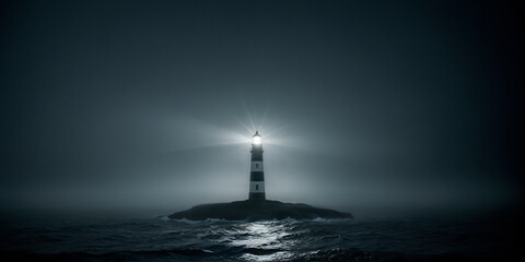 Ein Leuchtturm auf einer Insel im Meer bei Nacht im Sturm und Nebel