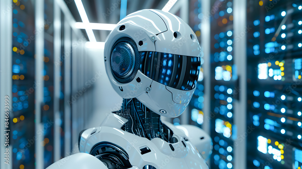 Poster a robot stands in a large room with many computer servers