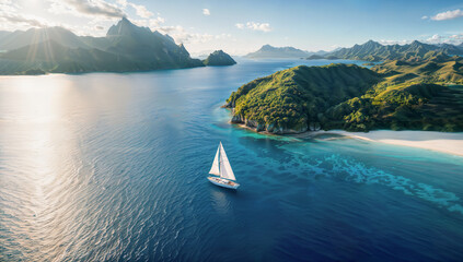 Ein Segelboot auf dem Meer segelt vor Inseln