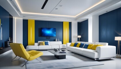 High end modern living room with white leather couch and a large flat screen tv mounted on the wall, brutalist architecture mixed with modern futuristic minimal design