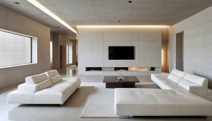 High end modern living room with white leather couch and a large flat screen tv mounted on the wall, brutalist architecture mixed with modern futuristic minimal design