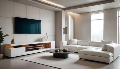 High end modern living room with white leather couch and a large flat screen tv mounted on the wall, brutalist architecture mixed with modern futuristic minimal design