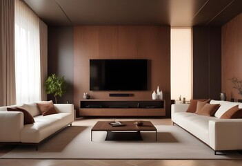 High end modern living room with white leather couch and a large flat screen tv mounted on the wall, brutalist architecture mixed with modern futuristic minimal design