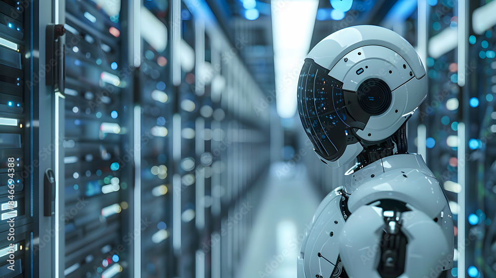 Poster a robot stands in a large room with many computer servers