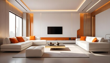 Fototapeta premium High end modern living room with white leather couch and a large flat screen tv mounted on the wall, brutalist architecture mixed with modern futuristic minimal design