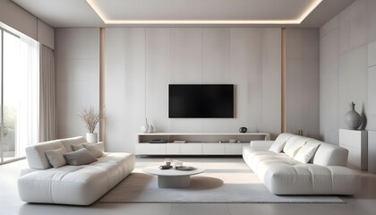 High end modern living room with white leather couch and a large flat screen tv mounted on the wall, brutalist architecture mixed with modern futuristic minimal design