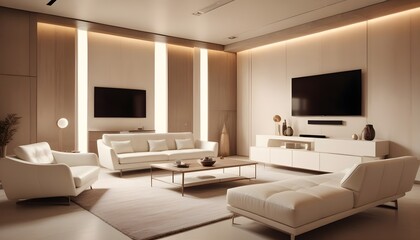 High end modern living room with white leather couch and a large flat screen tv mounted on the wall, brutalist architecture mixed with modern futuristic minimal design