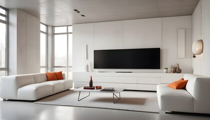 High end modern living room with white leather couch and a large flat screen tv mounted on the wall, brutalist architecture mixed with modern futuristic minimal design