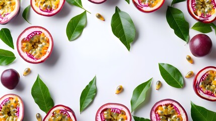 Stunning Passion Fruit Border Frame with Lush Leaves on Pure White Background