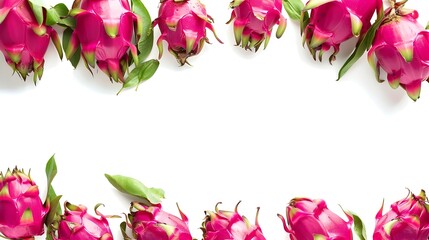 Vibrant Dragonfruit with Leaves Framed on White Background Showcasing Natural Beauty