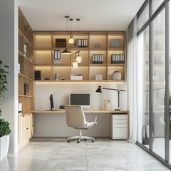 Modern Home Office With Desk and Shelves