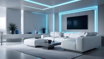 Fototapeta premium High end modern living room with white leather couch and a large flat screen tv mounted on the wall, brutalist architecture mixed with modern futuristic minimal design