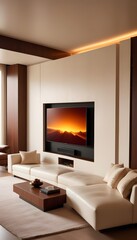 High end modern living room with white leather couch and a large flat screen tv mounted on the wall, brutalist architecture mixed with modern futuristic minimal design