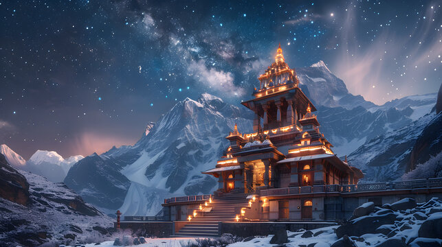 Image of an old Hindu temple in the snow-covered Himalayas