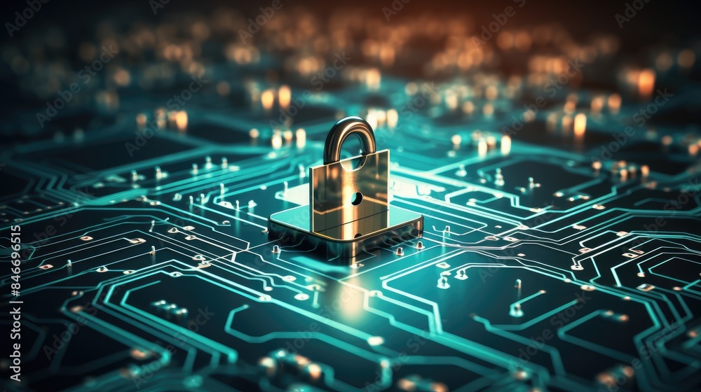Poster a golden padlock placed centrally on an illuminated blue circuit board symbolizing cybersecurity