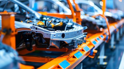 Fototapeta premium Close up of electric vehicle battery cell mass production assembly line in operation