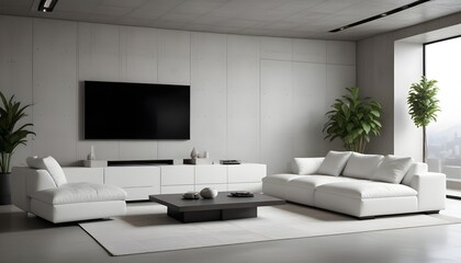 High end modern living room with white leather couch and a large flat screen tv mounted on the wall, brutalist architecture mixed with modern futuristic minimal design