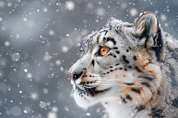 Fototapeta premium Face portrait of snow leopard on snowy background