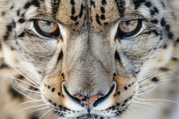 Face portrait of snow leopard on snowy background