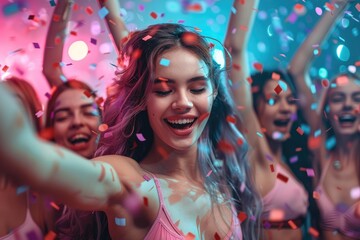 Obraz premium A young woman is surrounded by friends at a party with confetti, joyfully smiling under party lights