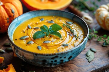 Tasty pumpkin cream soup with organic herbs and pumpkin seeds in vintage ceramic bowl.
