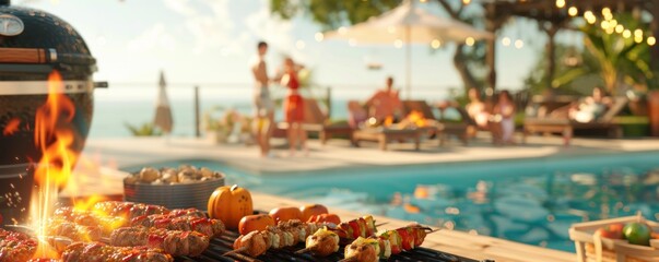 Barbecue party with friends by the poolside, sizzling grills and summer vibes, 4K hyperrealistic photo.