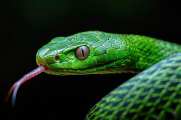 Close-up of a vibrant green snake with a detailed view of its scales, eye, and forked red tongue