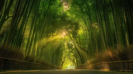 Enchanting bamboo forest with sunlight filtering through the dense canopy, creating a serene path for nature walks and relaxation.