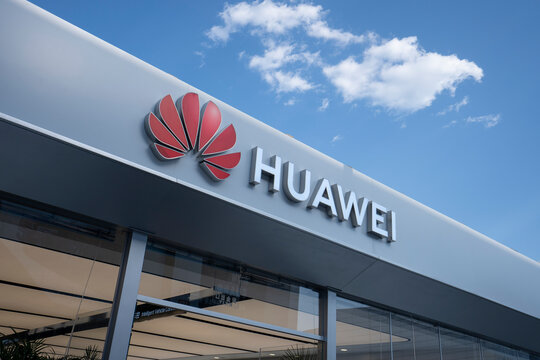 Beijing, China - Apr 30, 2024: Huawei logo is seen at its showroom at the 17th Beijing International Automotive Exhibition (Auto China 2024).