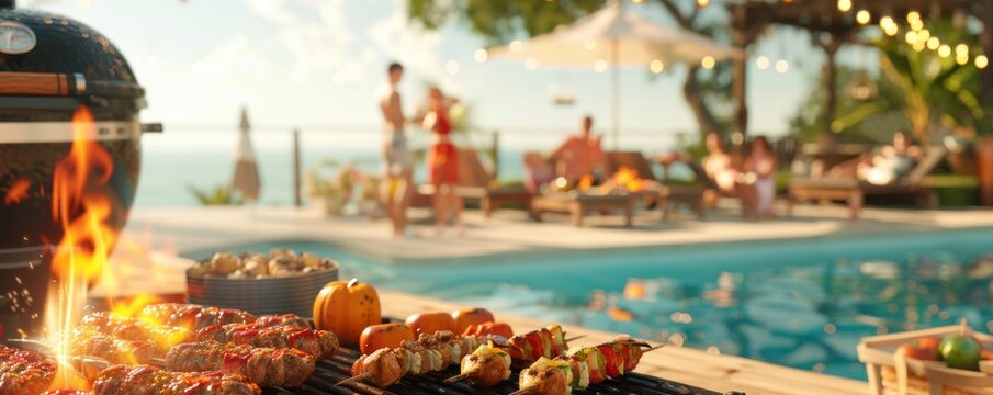 Barbecue party with friends by the poolside, sizzling grills and summer vibes, 4K hyperrealistic photo.