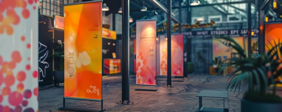 Banner stand mockup for a trade show booth, capturing attention with vibrant graphics and messaging. Hyperrealistic 4K photo.