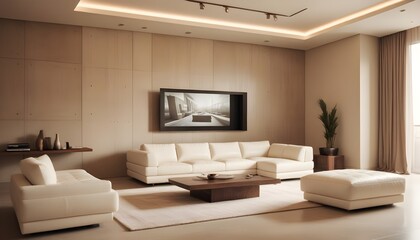 Fototapeta premium High end modern living room with white leather couch and a large flat screen tv mounted on the wall, brutalist architecture mixed with modern futuristic minimal design