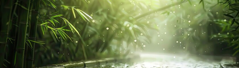 Naklejka premium Serene bamboo forest with sunlight filtering through, surrounded by nature and greenery, evoking a sense of tranquility and peace.