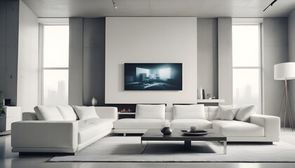 High end modern living room with white leather couch and a large flat screen tv mounted on the wall, brutalist architecture mixed with modern futuristic minimal design