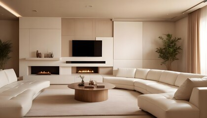 High end modern living room with white leather couch and a large flat screen tv mounted on the wall, brutalist architecture mixed with modern futuristic minimal design