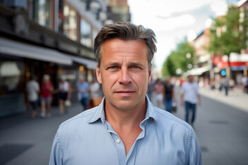 Fototapeta premium Portrait of a Smiling Middle-Aged Man on a Busy Urban Street Highlighting Confidence and Urban Lifestyle Talking Head Vox Pop